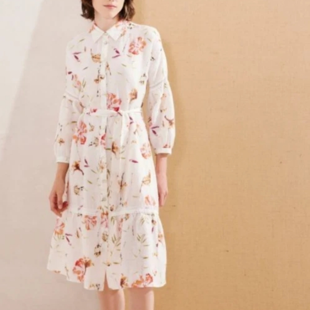 120 Lino Peasant Sleeve Linen Shirt Dress Floral Midi Lace Pom Pom White M 6 8
